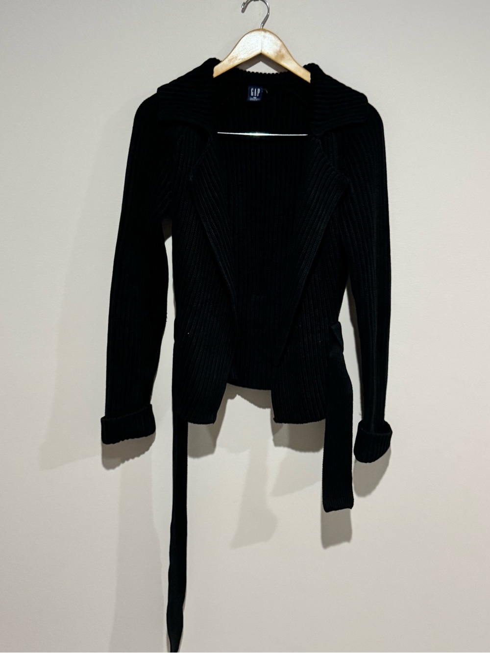 Gap Womens Black Rib-Knit Cowl Neck Tie Belt Long Sleeve Cardigan Sweater